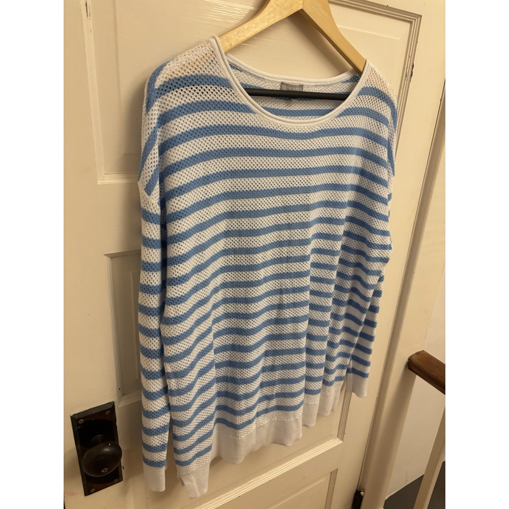 Talbots White and Light Blue Striped Open-Knit Sweater